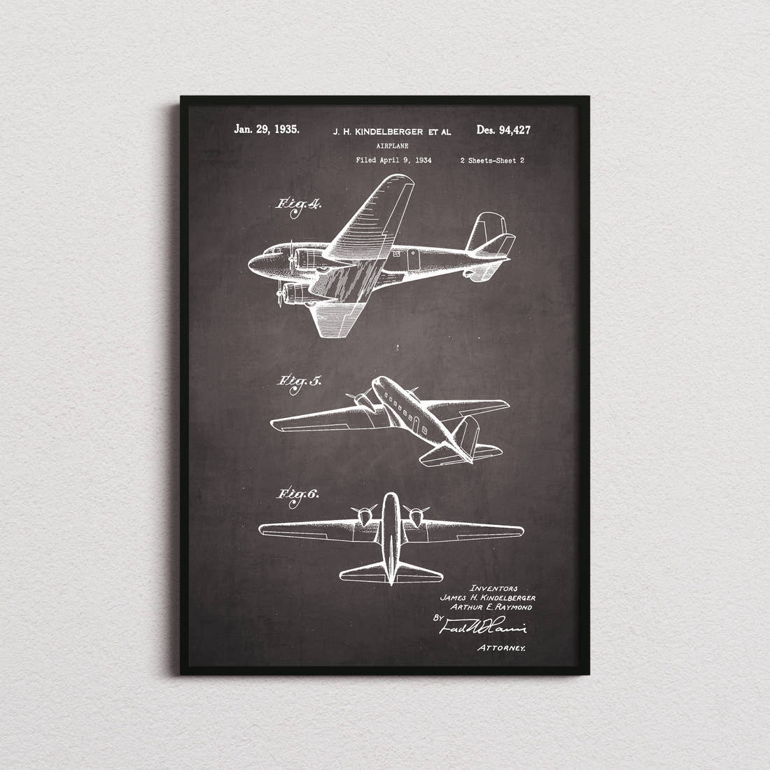 Airplane (Kindelberger) Patent Print in the blackboard colourway, framed