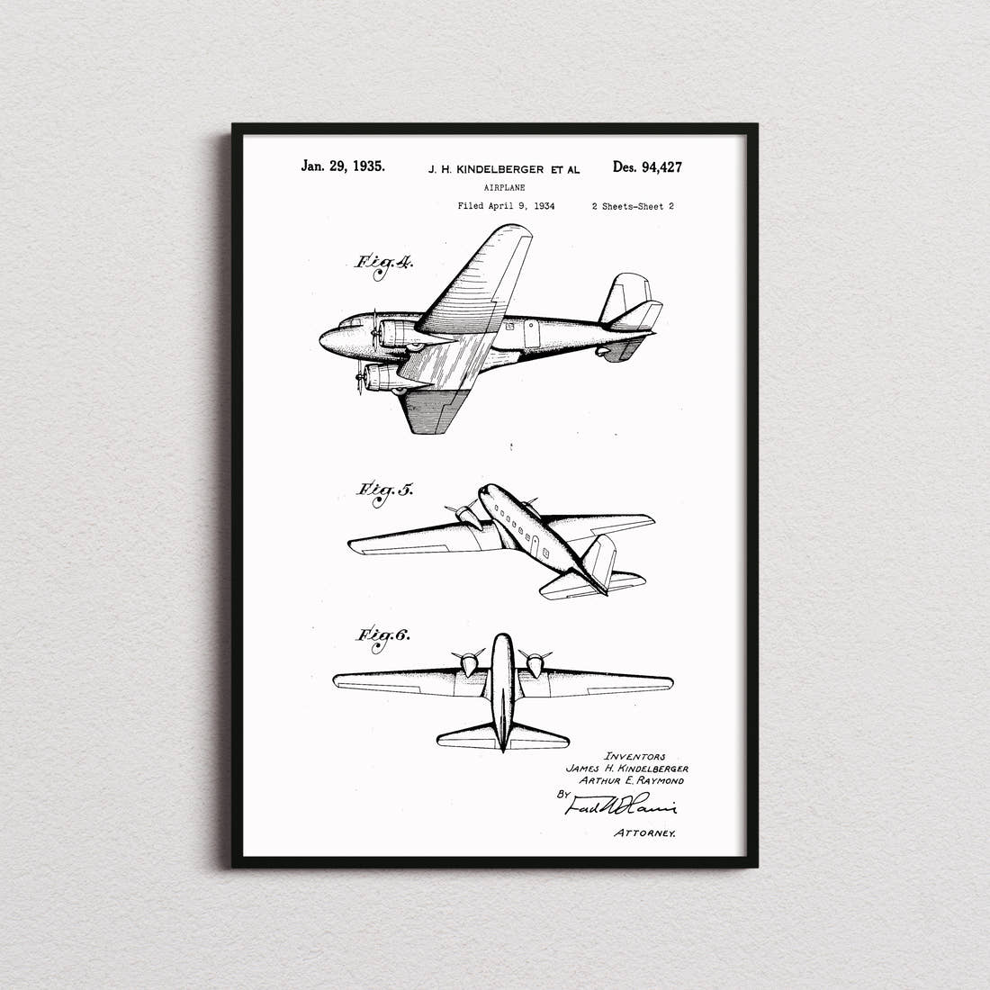 Airplane (Kindelberger) Patent Print in the white colourway, framed