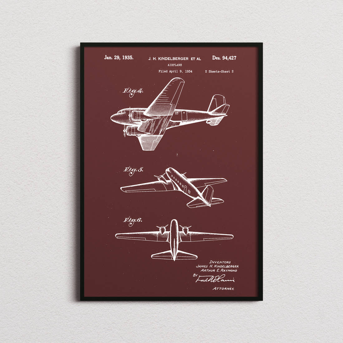 Airplane (Kindelberger) Patent Print in the burgundy colourway, framed