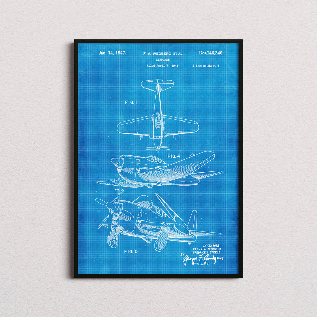 Airplane (Wedberg) Patent Print in the blueprint colourway, framed