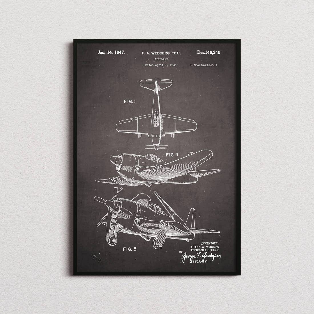 Airplane (Wedberg) Patent Print in the blackboard colourway, framed
