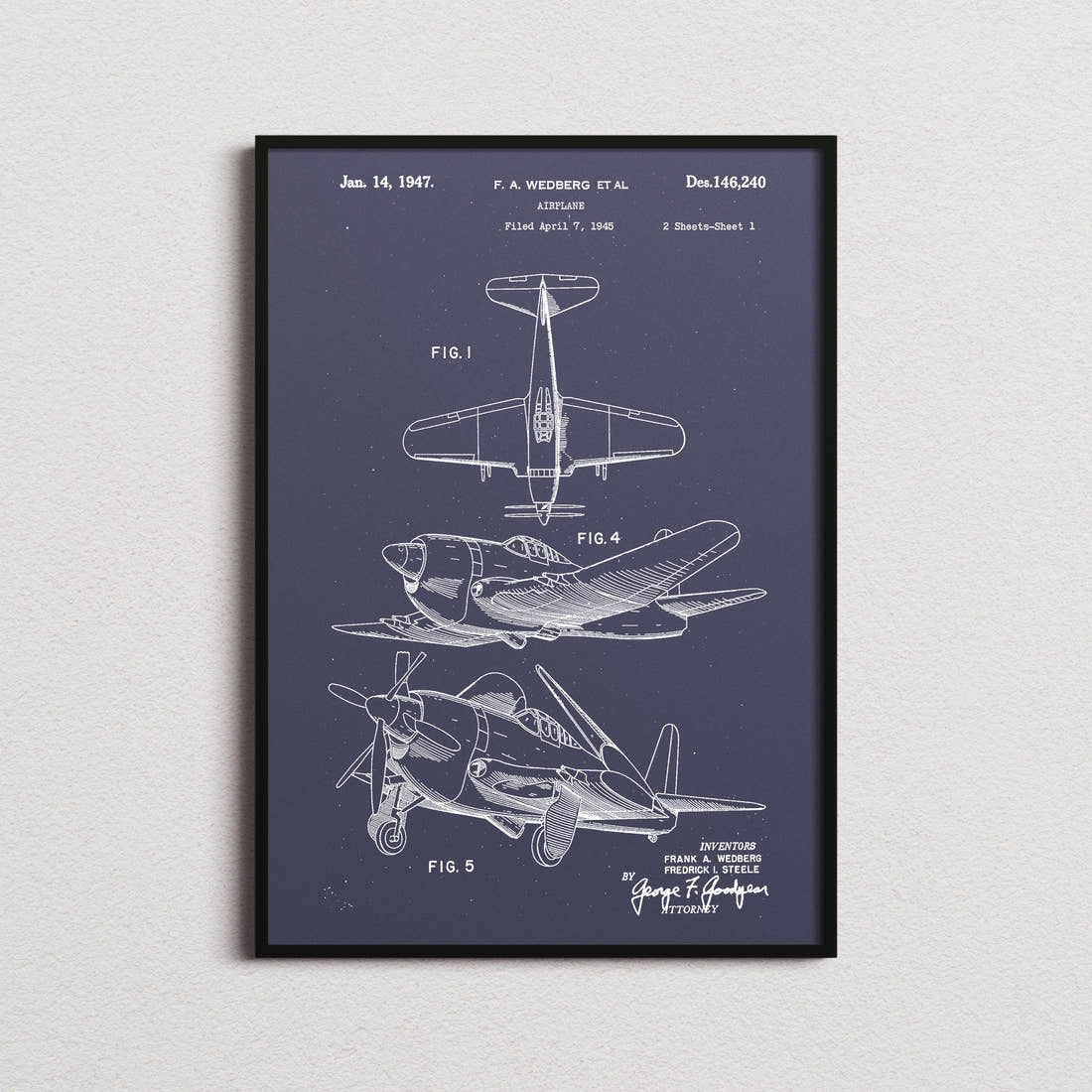 Airplane (Wedberg) Patent Print in the navy colourway, framed