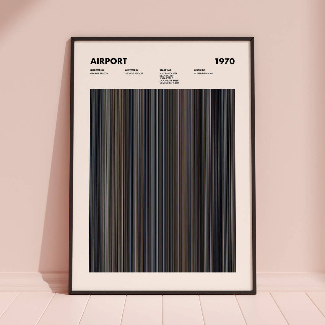 Airport Movie Barcode Poster framed and leaning against a coloured wall