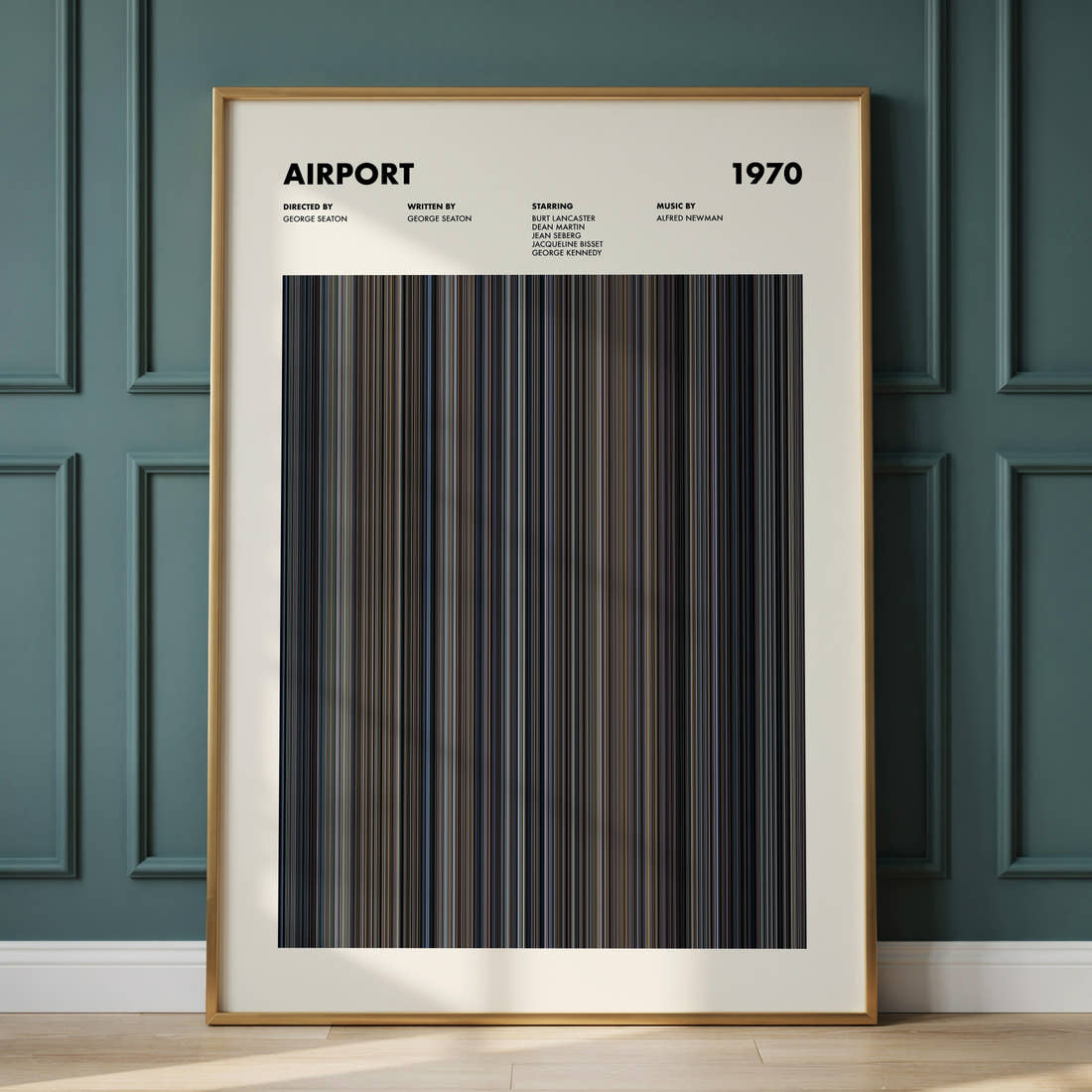 Airport Movie Barcode Poster framed and leaning against a panelled wall