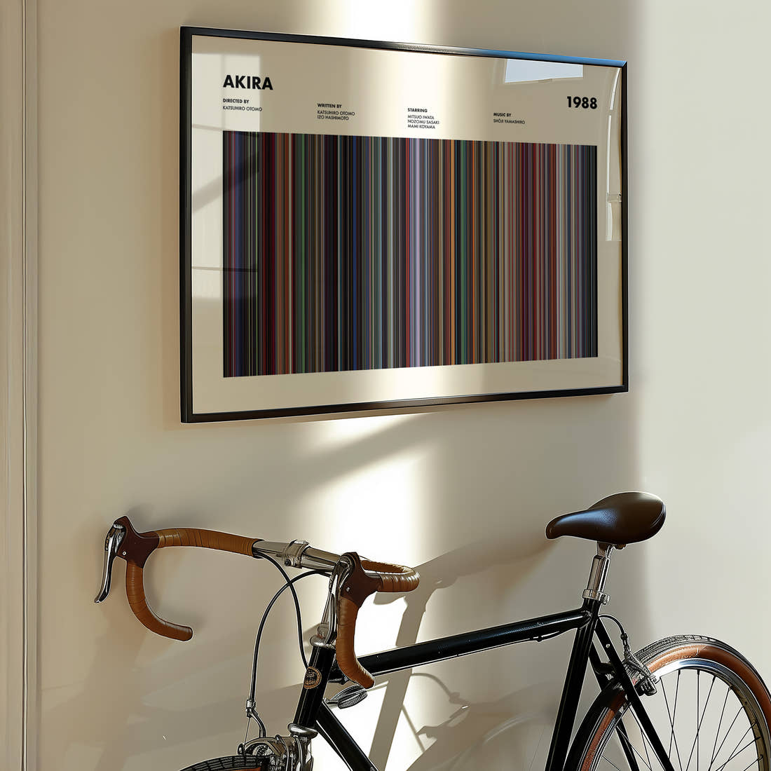 Akira Movie Barcode Poster framed on the wall of a styled room setting