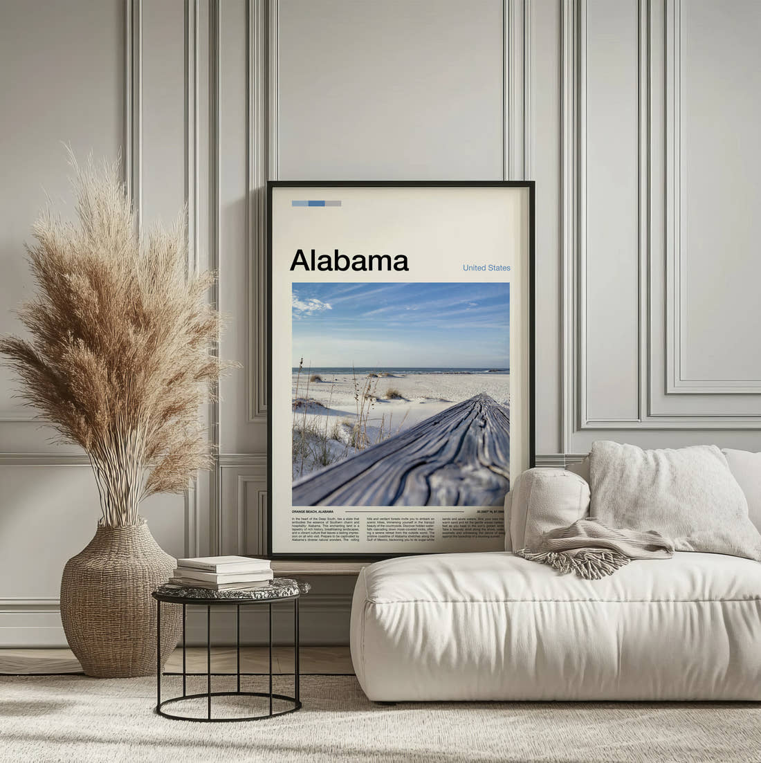 Alabama Driftwood On The Beach Travel Print framed on the wall of a calm, neutral bedroom