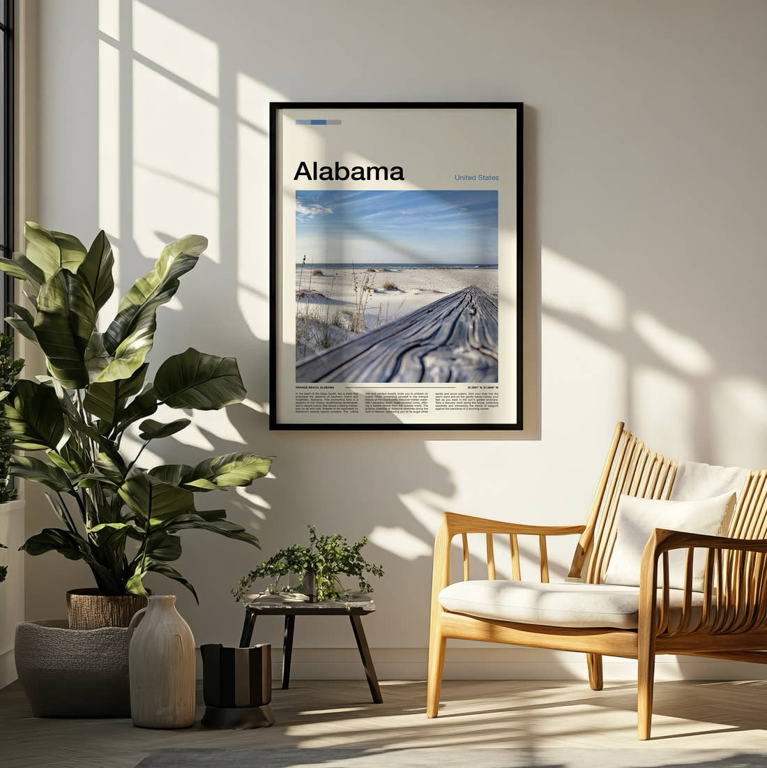 Alabama Driftwood On The Beach Travel Print framed on a pale wall beside houseplants