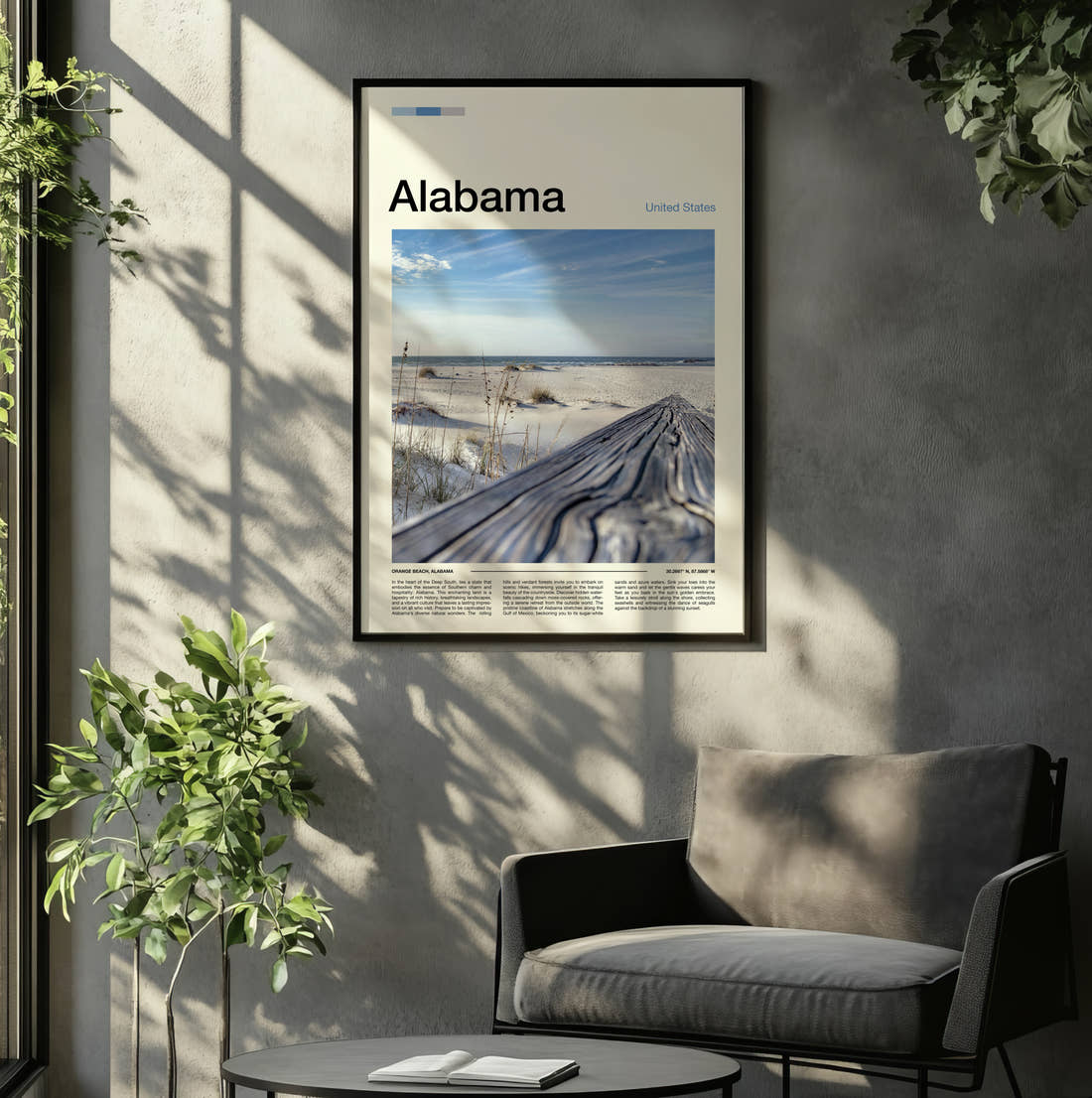 Alabama Driftwood On The Beach Travel Print framed on the wall of a relaxed living room