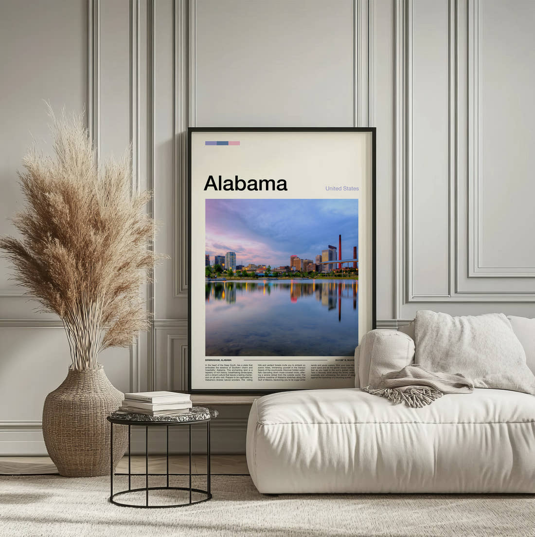 Alabama City Skyline Reflection Travel Print framed on the wall of a calm, neutral bedroom