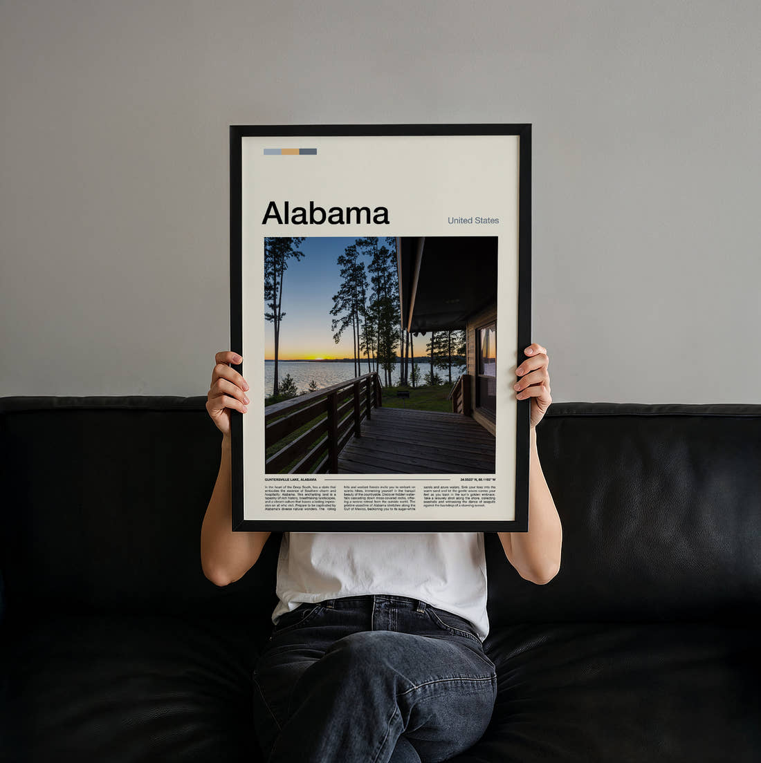 Alabama Lakeside Cabin Deck Travel Print held up by hand to show the size of the print
