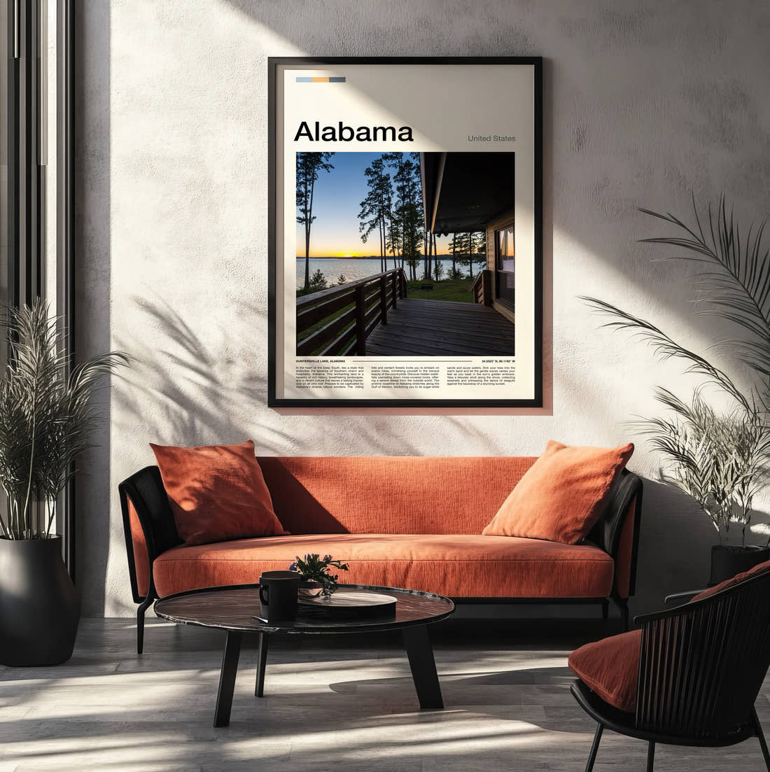 Alabama Lakeside Cabin Deck Travel Print framed on the wall of a modern living room