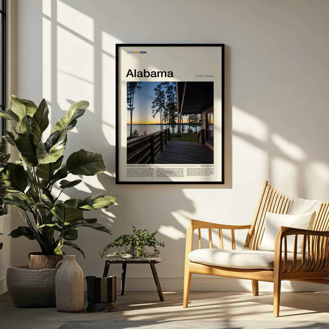 Alabama Lakeside Cabin Deck Travel Print framed on a pale wall beside houseplants