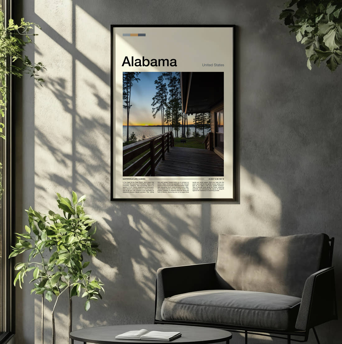 Alabama Lakeside Cabin Deck Travel Print framed on the wall of a relaxed living room