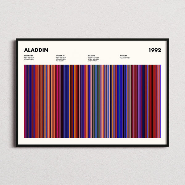 Aladdin Movie Barcode Poster framed and photographed straight on