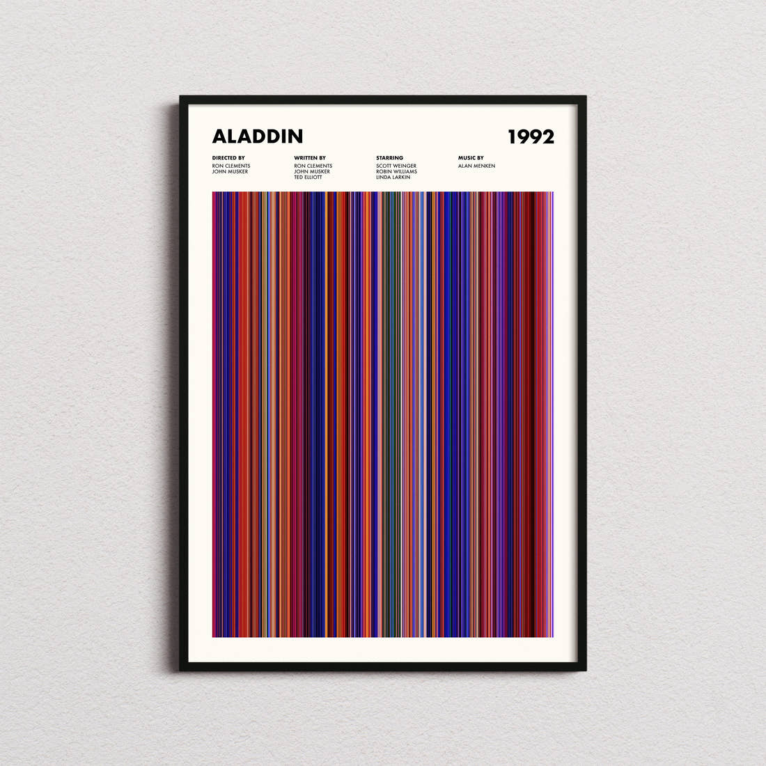 Aladdin Movie Barcode Poster framed on a plain studio wall