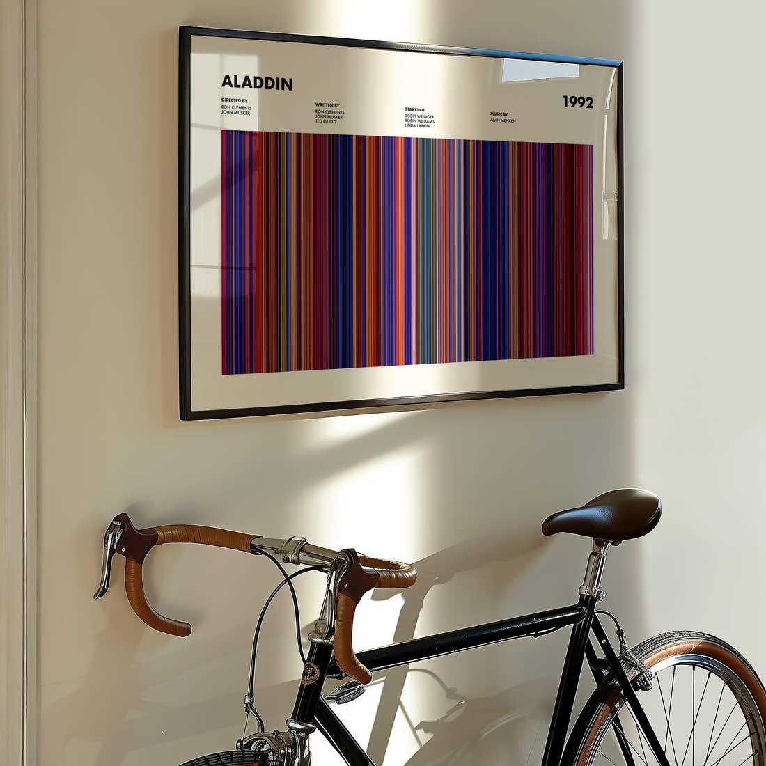 Aladdin Movie Barcode Poster framed on the wall of a styled room setting