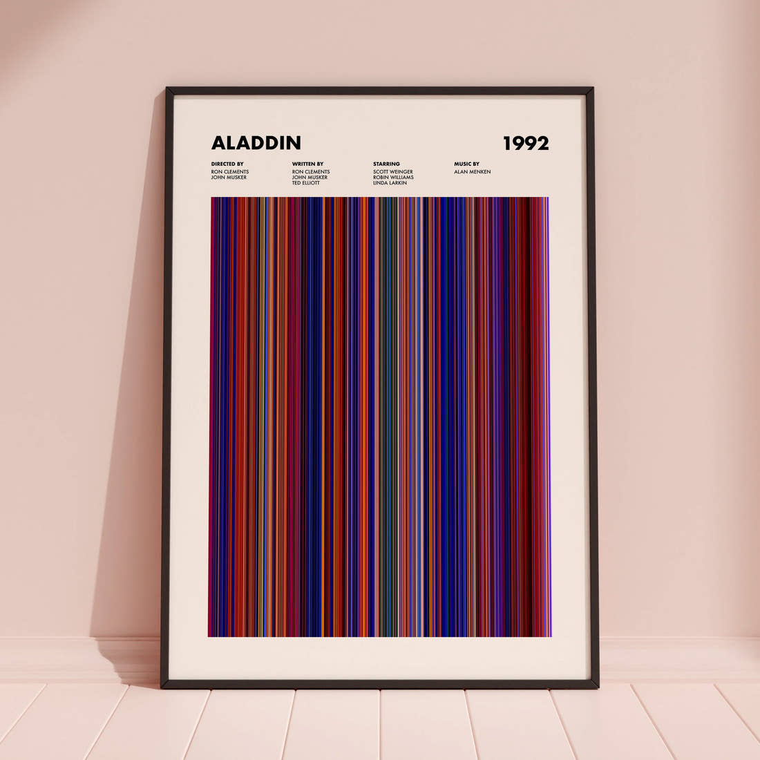 Aladdin Movie Barcode Poster framed and leaning against a coloured wall