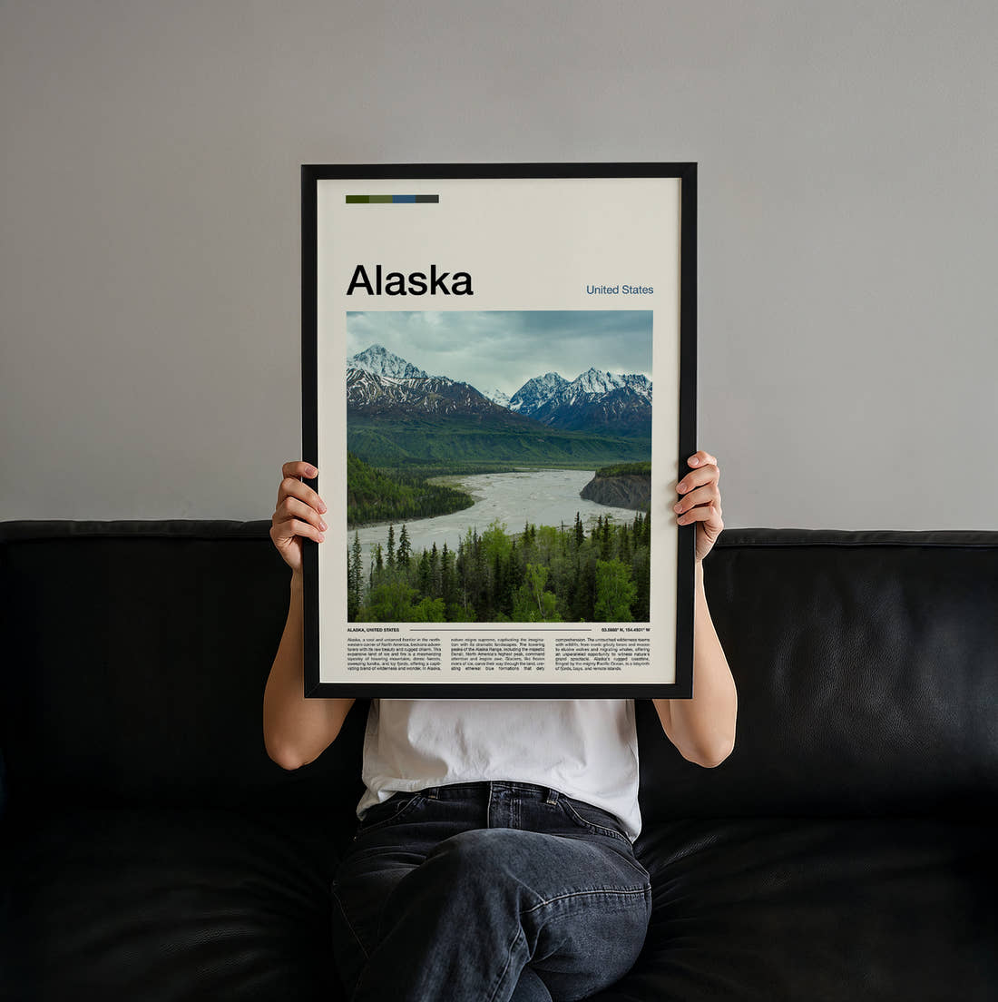 Alaska River Valley And Mountains Travel Print held up by hand to show the size of the print