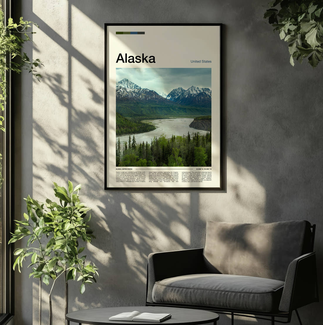 Alaska River Valley And Mountains Travel Print framed on the wall of a relaxed living room