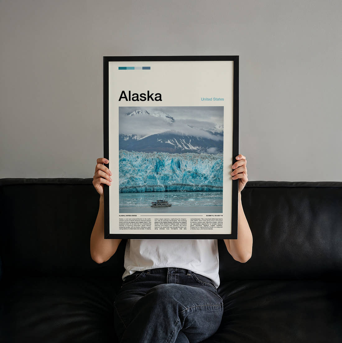 Alaska Glacier And Tour Boat Travel Print held up by hand to show the size of the print