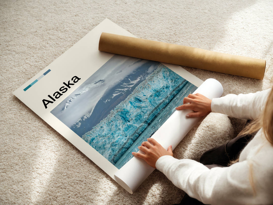 Alaska Glacier And Tour Boat Travel Print being unrolled from its postal tube