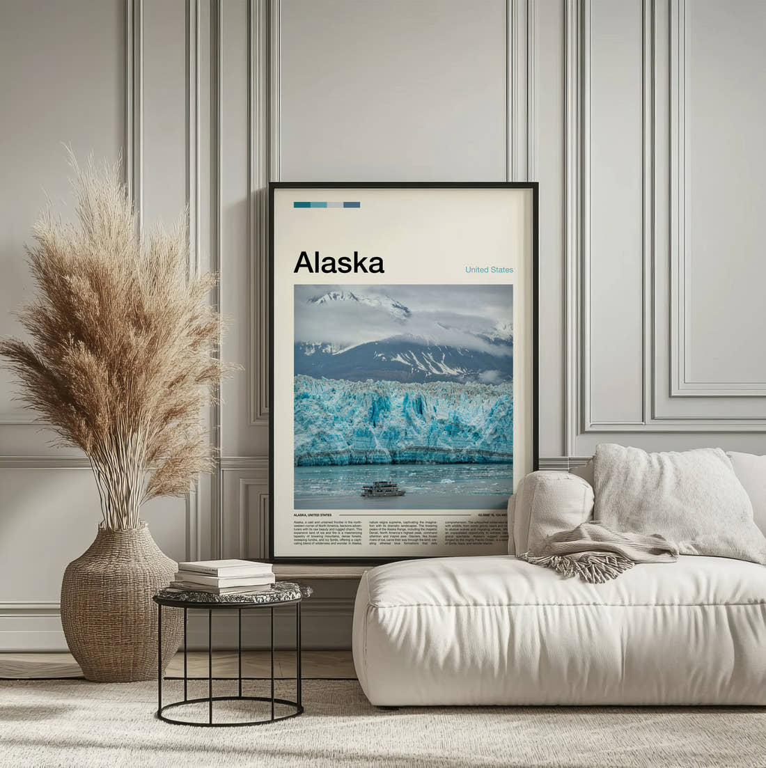Alaska Glacier And Tour Boat Travel Print framed on the wall of a calm, neutral bedroom