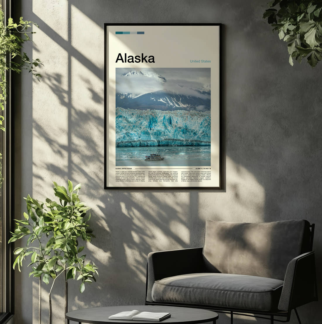 Alaska Glacier And Tour Boat Travel Print framed on the wall of a relaxed living room