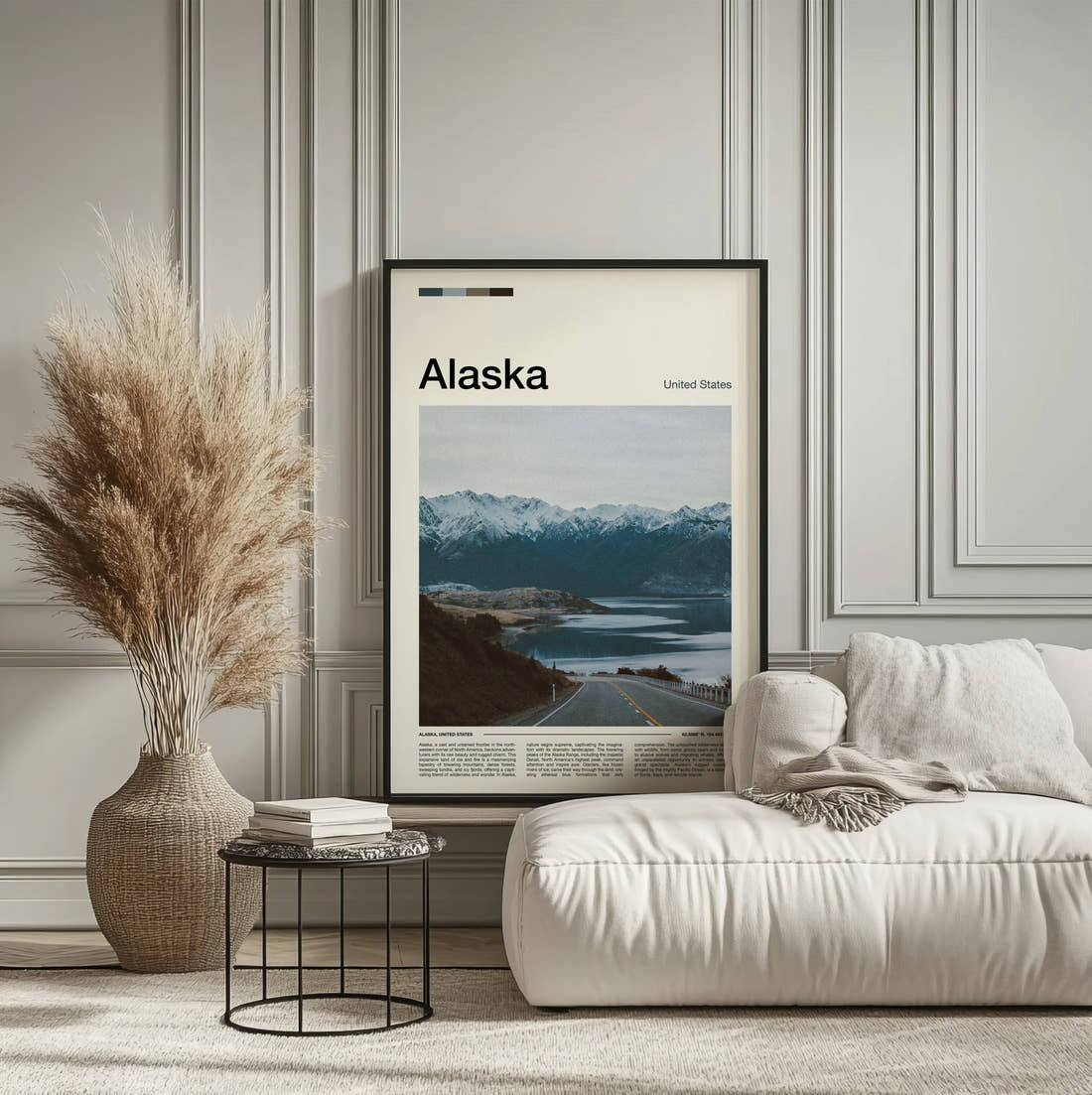 Alaska Coastal Road And Mountains Travel Print framed on the wall of a calm, neutral bedroom