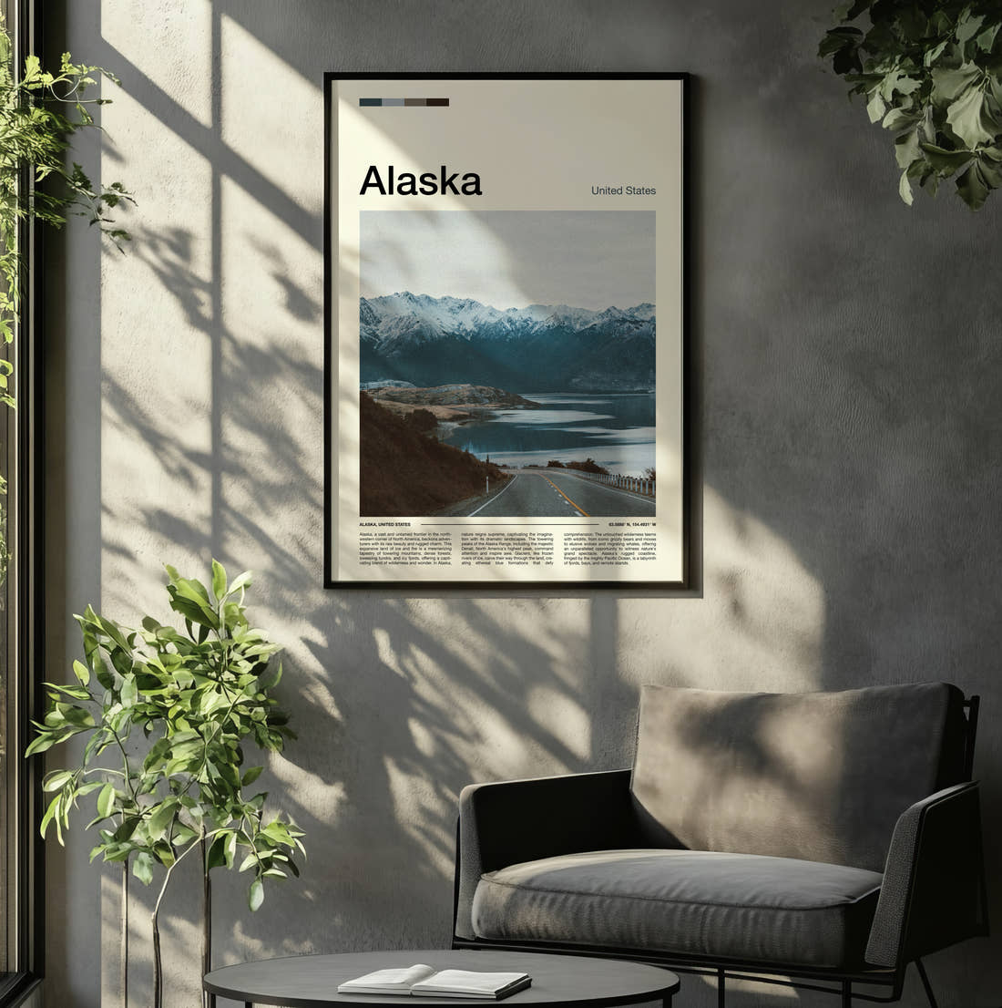 Alaska Coastal Road And Mountains Travel Print framed on the wall of a relaxed living room