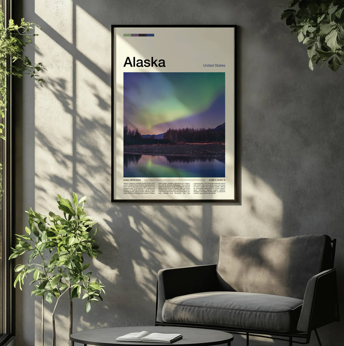 Alaska Northern Lights Travel Print framed on the wall of a relaxed living room