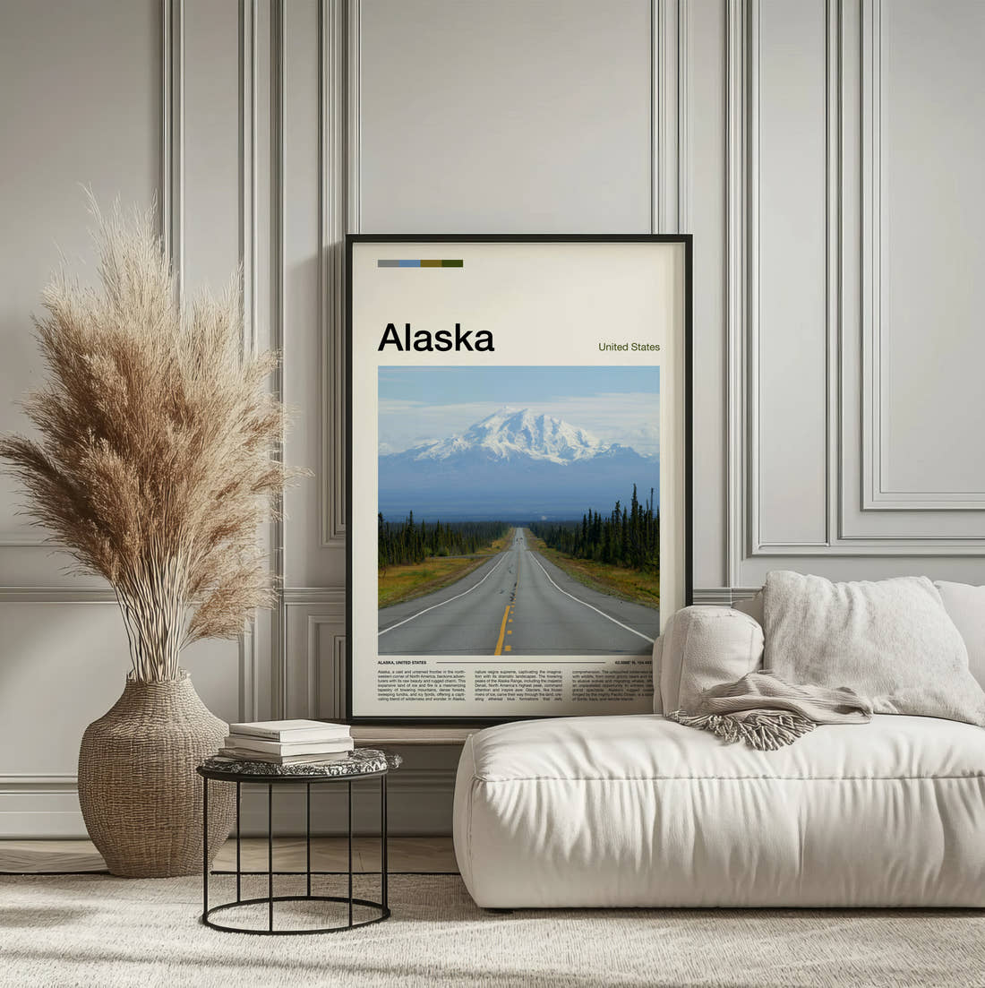 Alaska Road To Snowy Mountain Travel Print framed on the wall of a calm, neutral bedroom