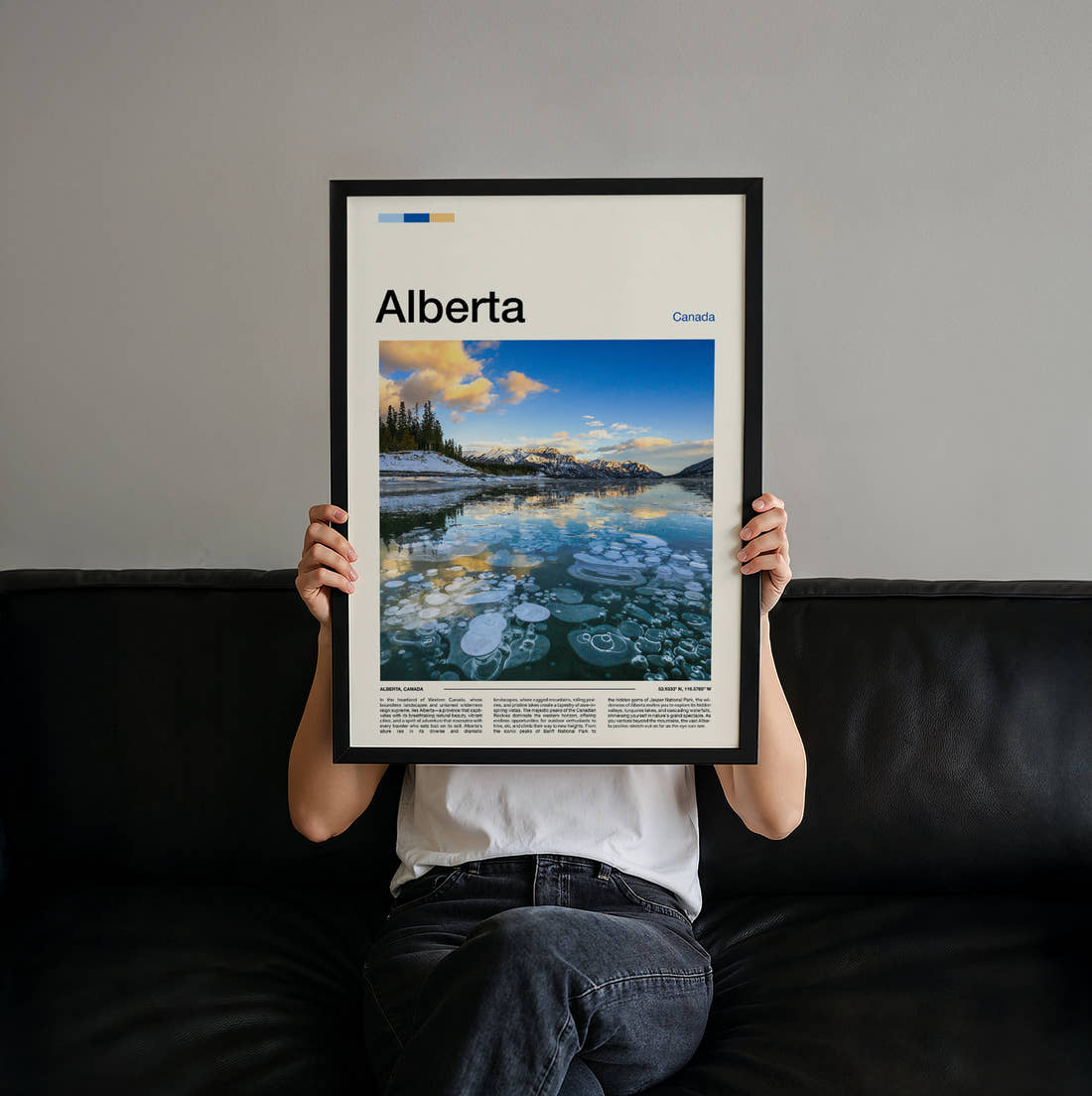Alberta Abraham Lake Ice Bubbles Travel Print held up by hand to show the size of the print