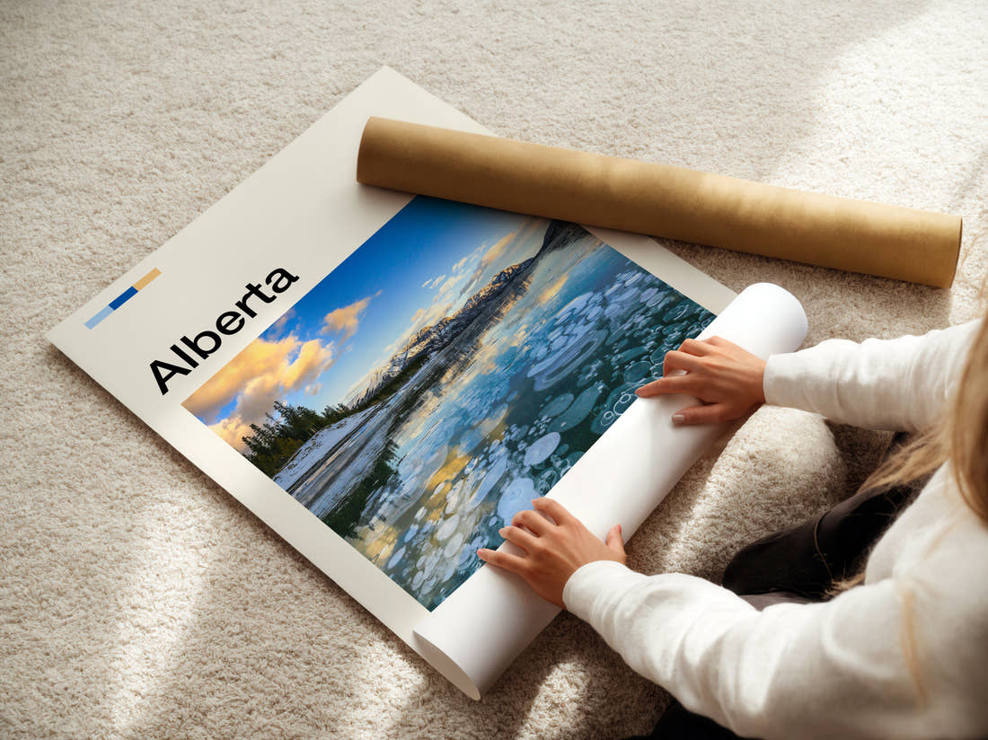 Alberta Abraham Lake Ice Bubbles Travel Print being unrolled from its postal tube