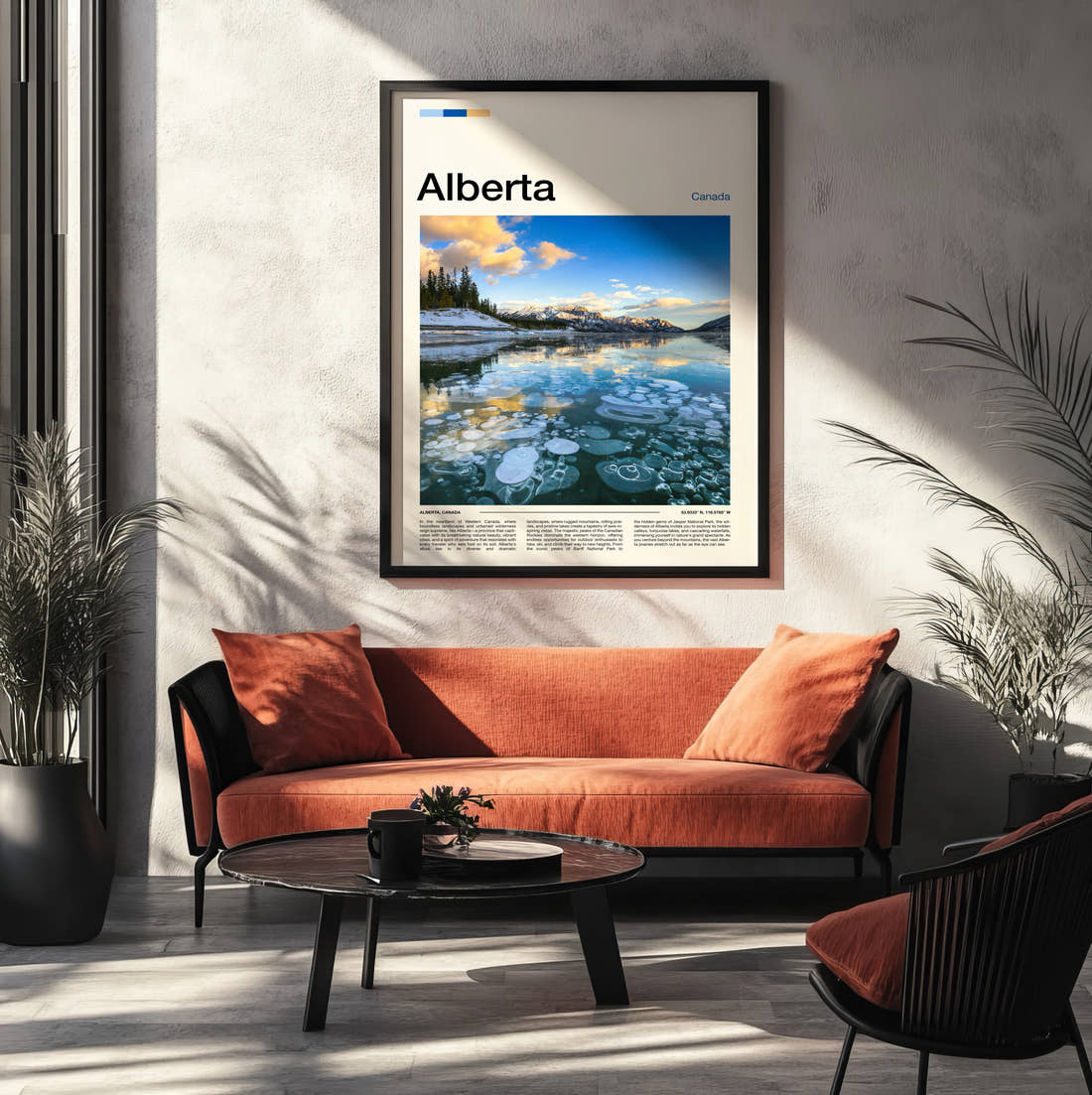 Alberta Abraham Lake Ice Bubbles Travel Print framed on the wall of a modern living room