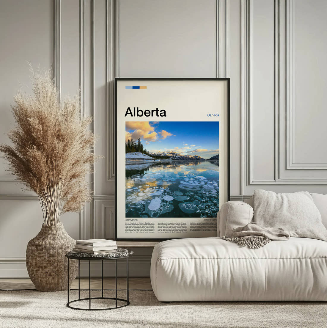 Alberta Abraham Lake Ice Bubbles Travel Print framed on the wall of a calm, neutral bedroom