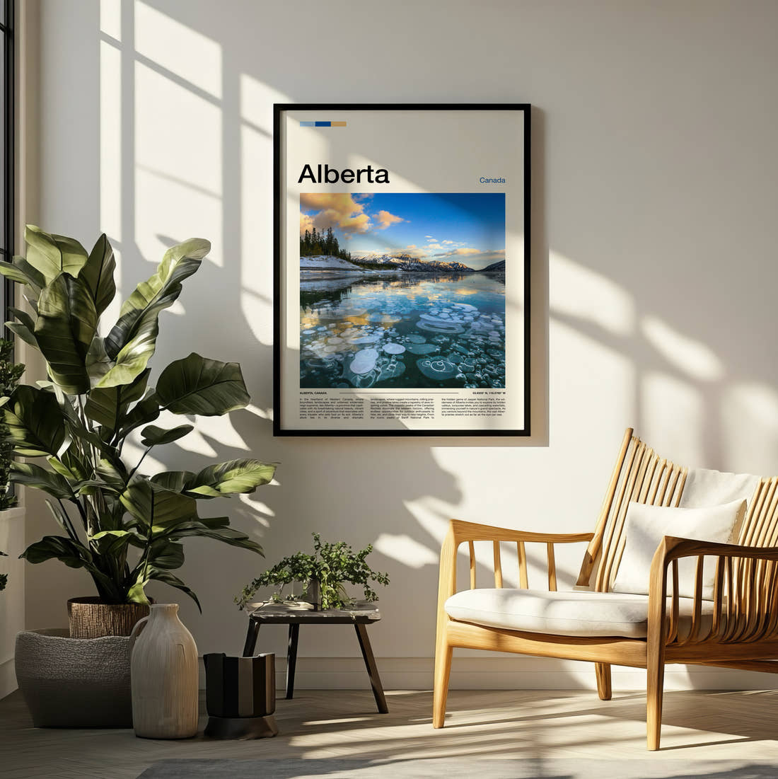 Alberta Abraham Lake Ice Bubbles Travel Print framed on a pale wall beside houseplants