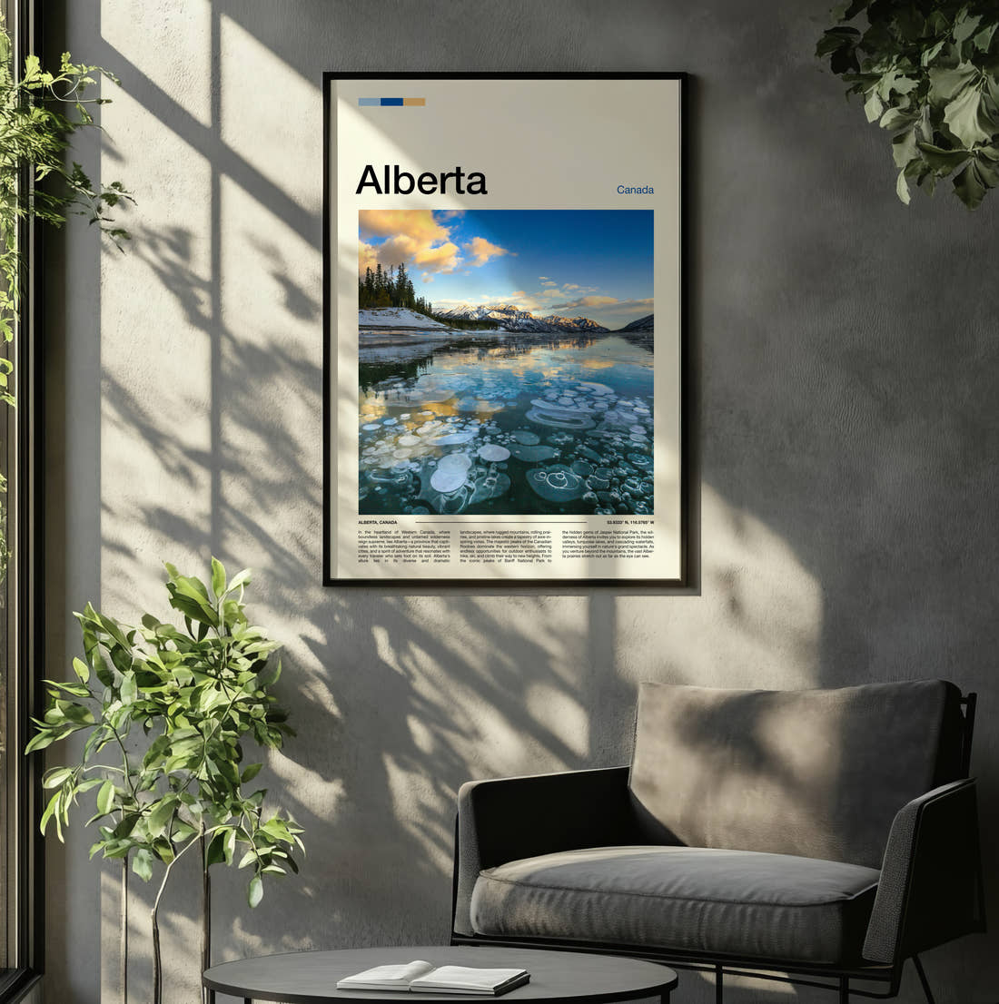 Alberta Abraham Lake Ice Bubbles Travel Print framed on the wall of a relaxed living room