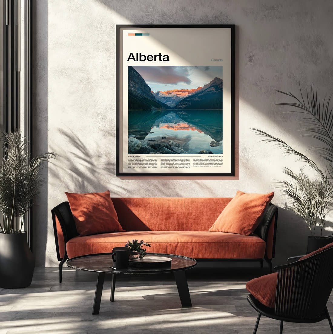 Alberta Lake Louise Travel Print framed on the wall of a modern living room