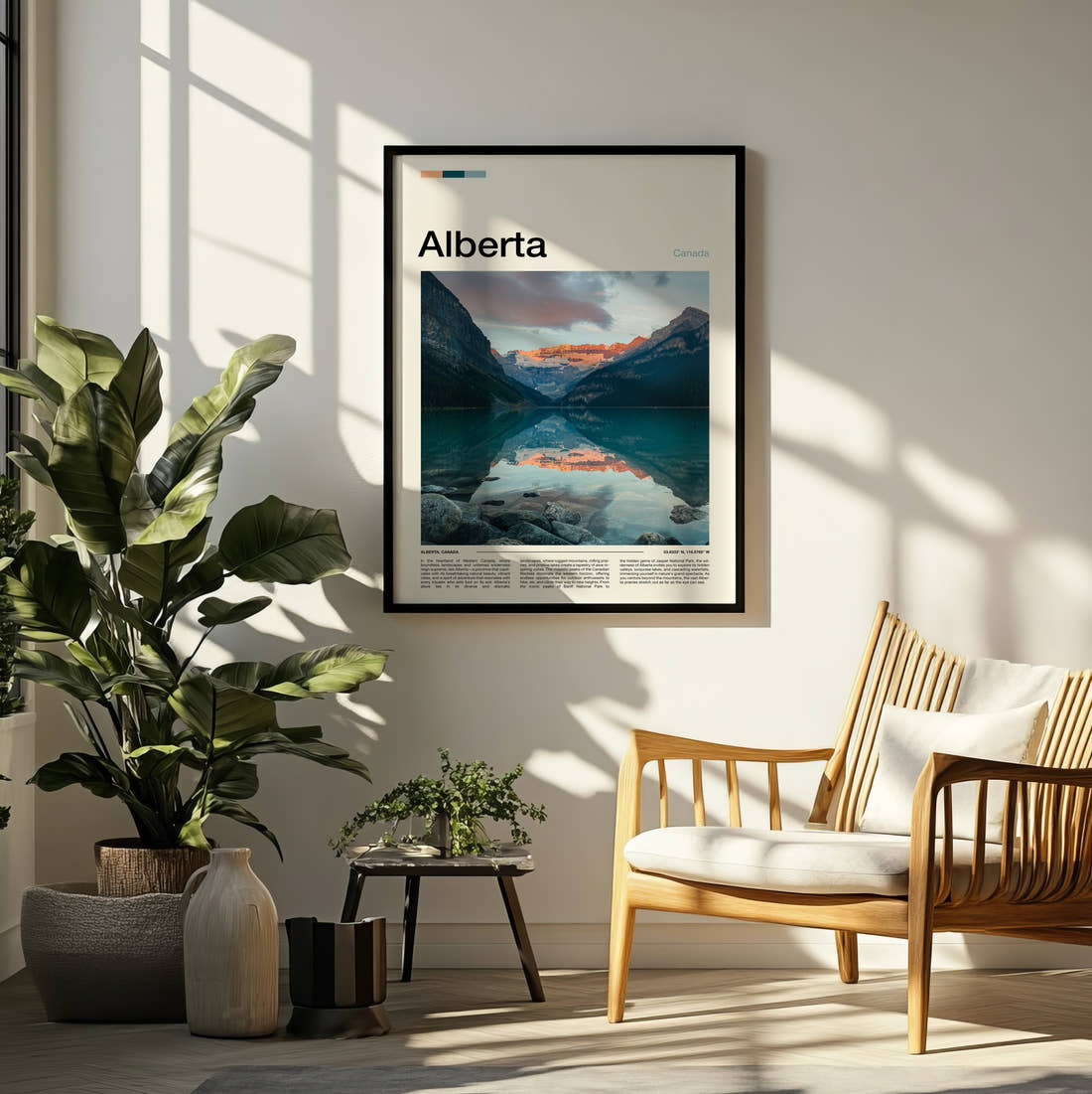 Alberta Lake Louise Travel Print framed on a pale wall beside houseplants