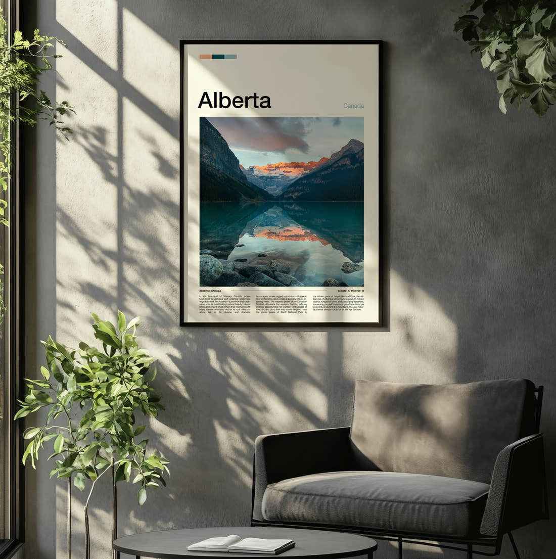 Alberta Lake Louise Travel Print framed on the wall of a relaxed living room