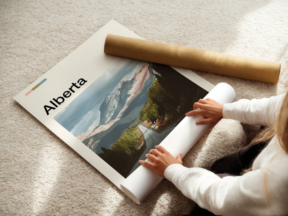 Alberta Mountain Highway Travel Print being unrolled from its postal tube