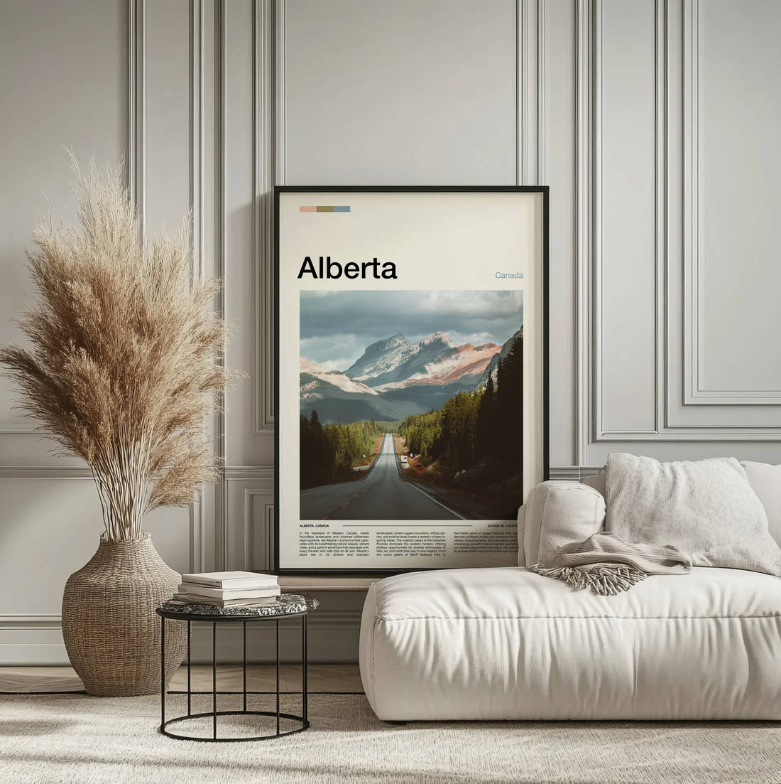 Alberta Mountain Highway Travel Print framed on the wall of a calm, neutral bedroom