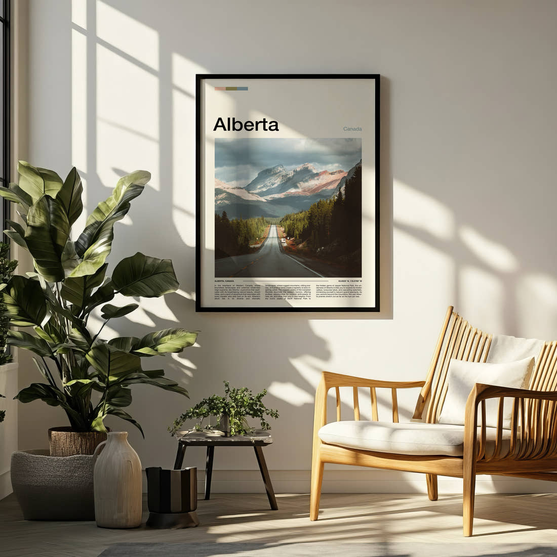 Alberta Mountain Highway Travel Print framed on a pale wall beside houseplants