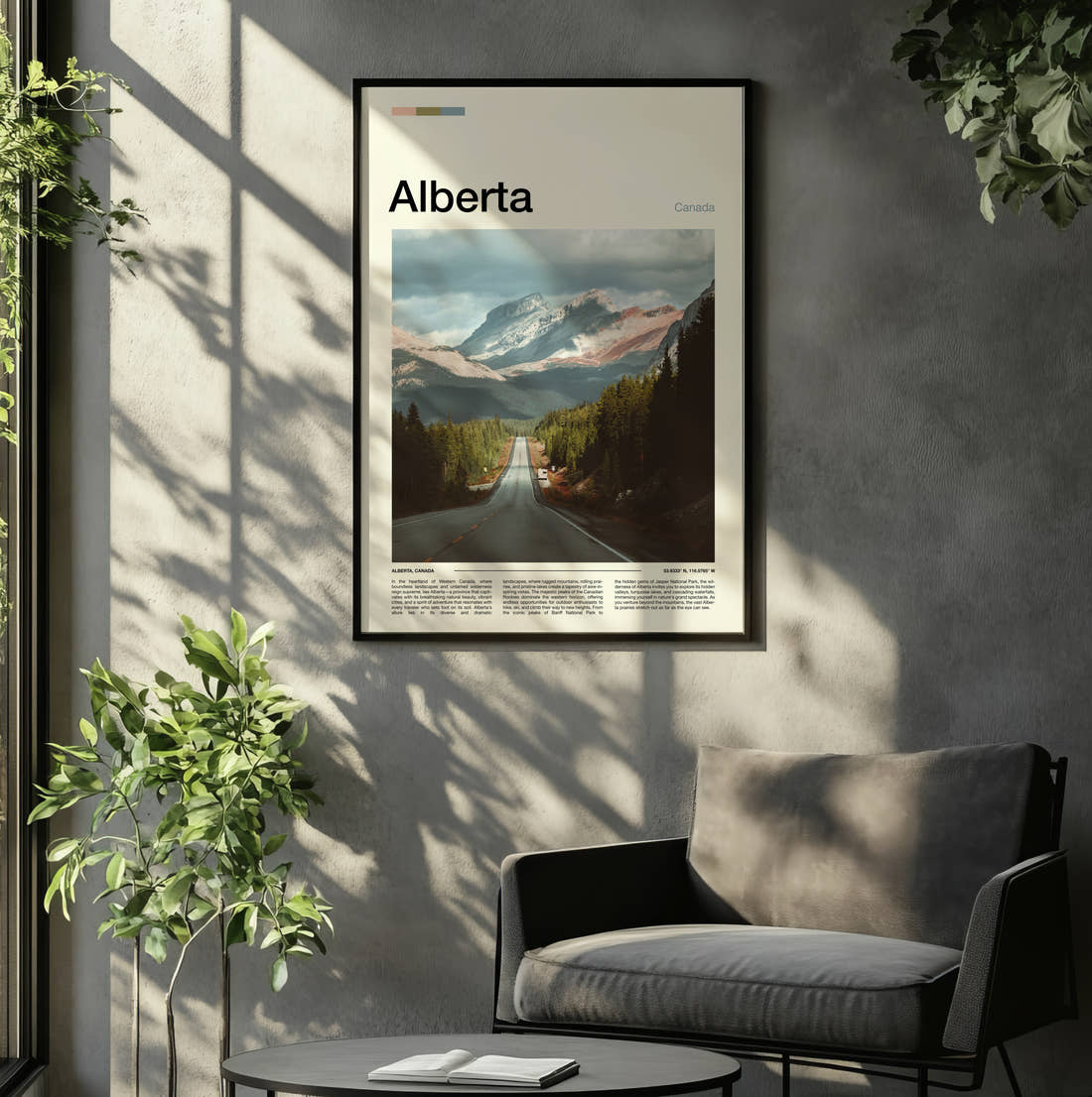Alberta Mountain Highway Travel Print framed on the wall of a relaxed living room