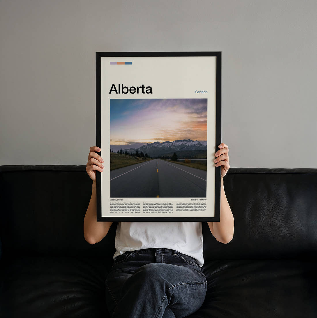 Alberta Open Road At Sunset Travel Print held up by hand to show the size of the print