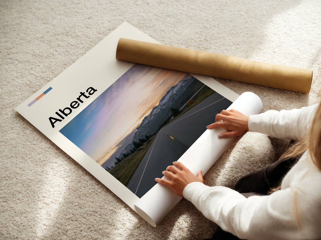 Alberta Open Road At Sunset Travel Print being unrolled from its postal tube