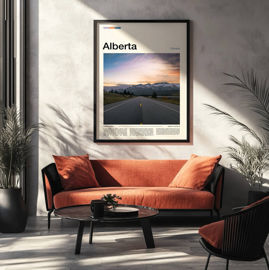Alberta Open Road At Sunset Travel Print framed on the wall of a modern living room