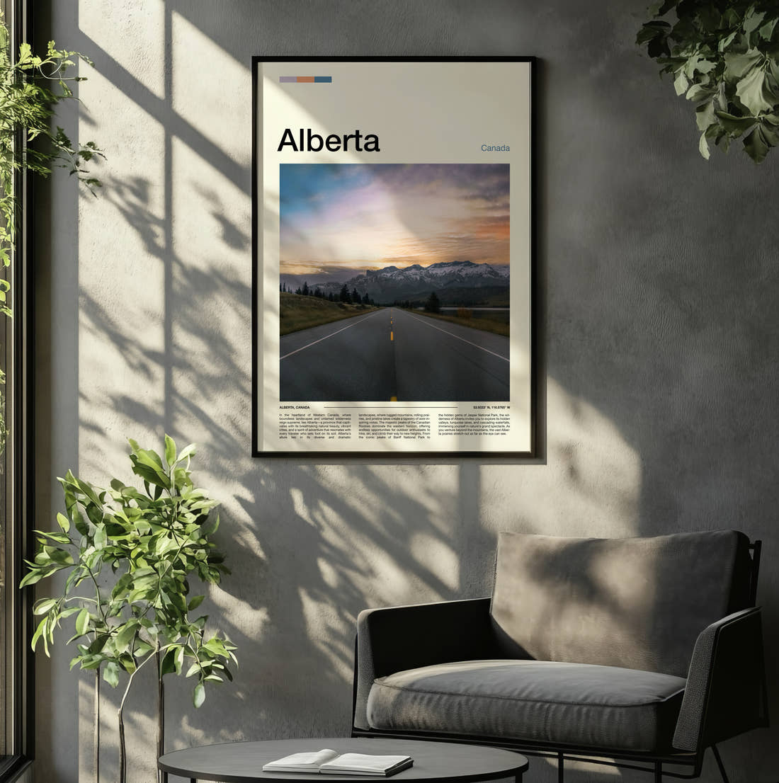 Alberta Open Road At Sunset Travel Print framed on the wall of a relaxed living room
