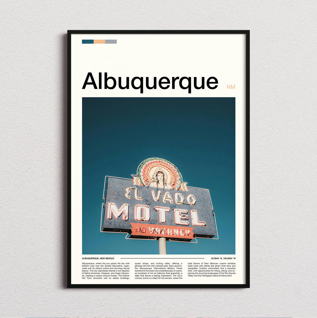 Albuquerque El Vado Motel Sign Travel Print framed and photographed straight on