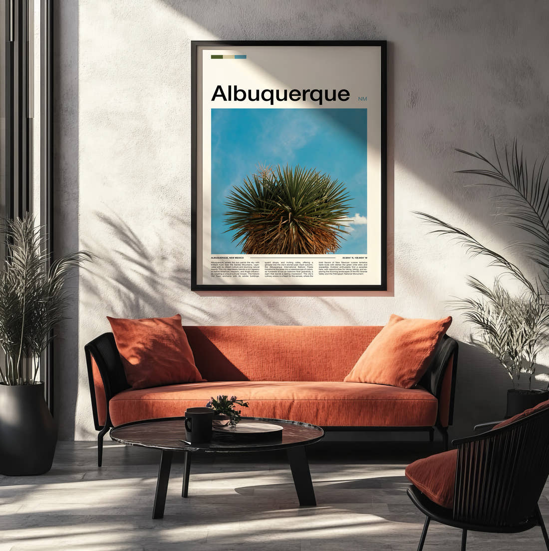 Albuquerque Yucca Plant Travel Print framed on the wall of a modern living room